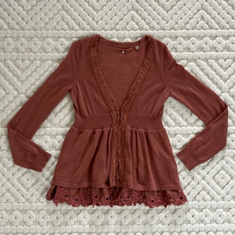 Anthropologie Moth Rust Ruffle Lace Trim Empire Waist Cardigan Medium